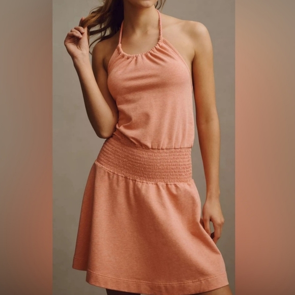 Sundays Anthropologie Ember Mini Dress Halter Neckline Smocked Waist Coral S NWT - Picture 2 of 15